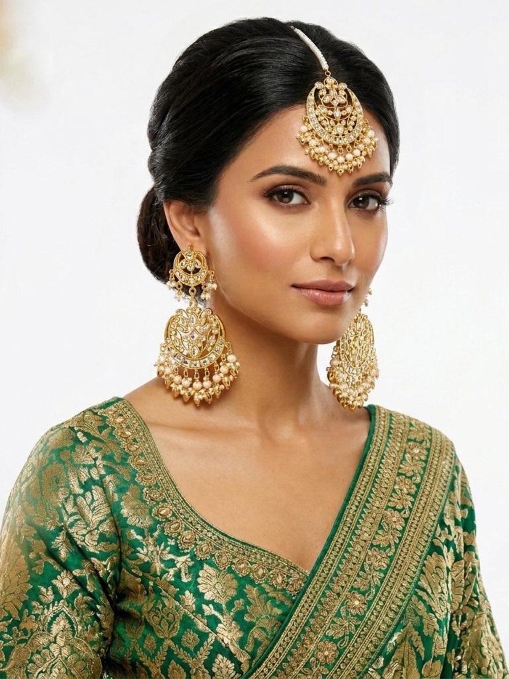 Gold-Tone Pearl Chandbali Earrings and Maang Tikka Set